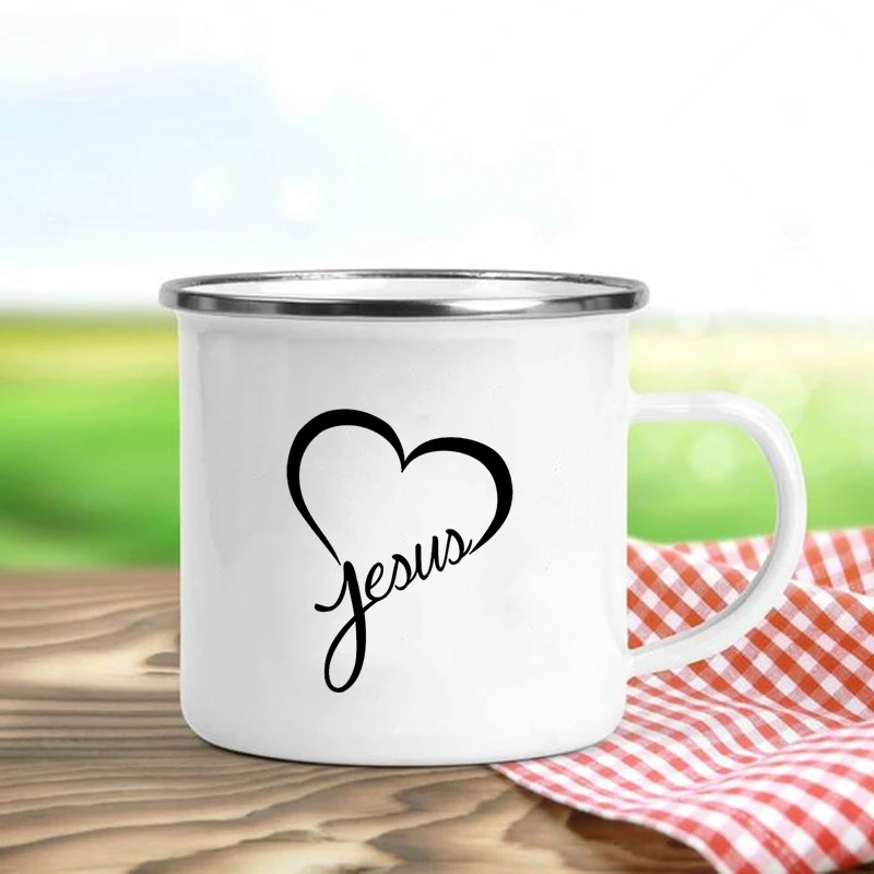 Jesus Is God Print Enamel Mugs Christian Creative Coffee Cups Drink Dessert Breakfast Milk Cup Vintage Mug Handle Drinkware Gift - Image 3