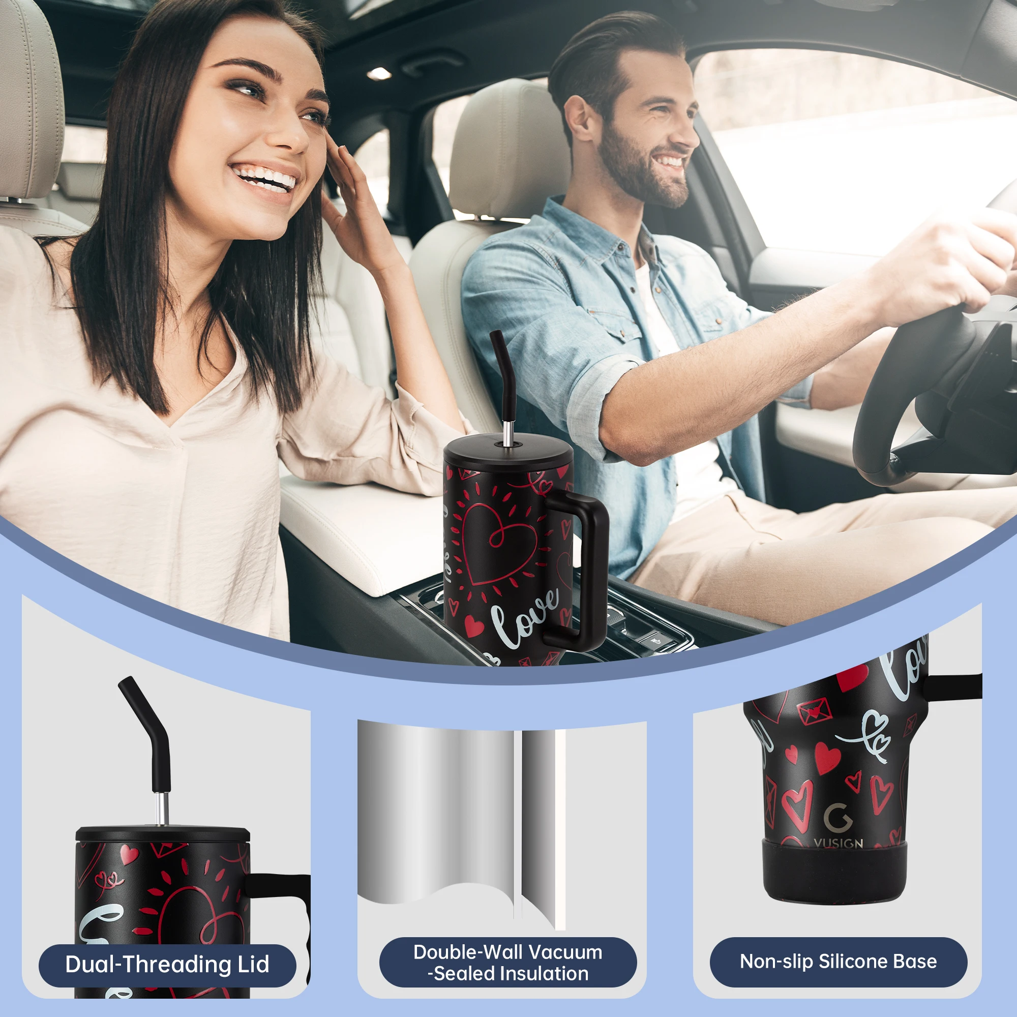 Deli 40oz Tumbler with Handle, Dual Straw Lid, Stainless Steel Double Wall Insulated, Valentine - Image 5