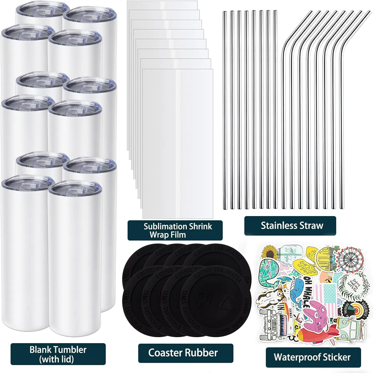 12-Pack 20 oz Sublimation Tumbler Set, Double-Walled Stainless Steel, Skinny Straight Design with Lid and Straw - Image 2