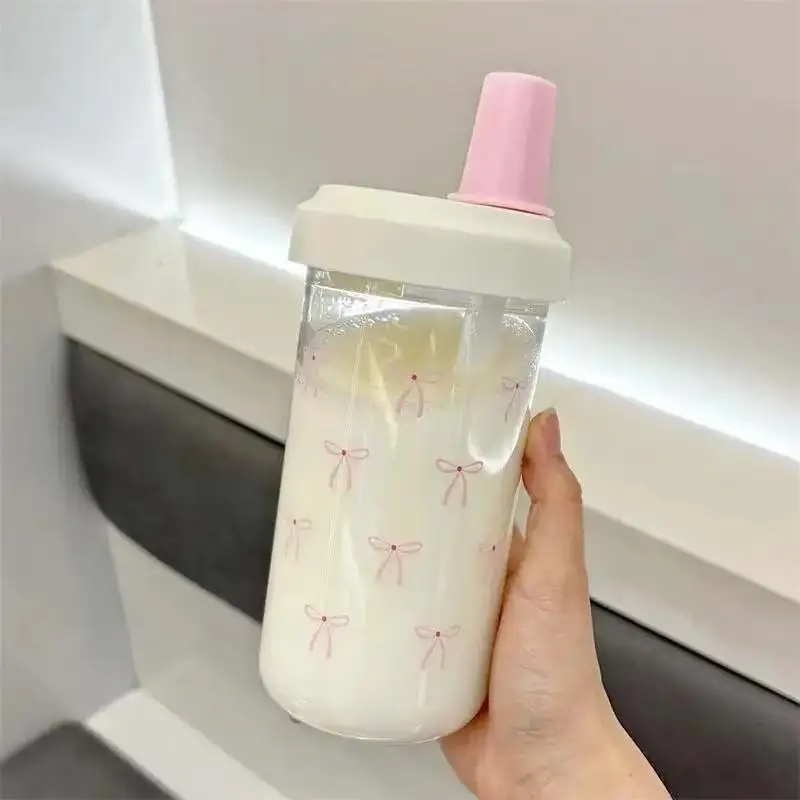 500/700ml Portable Plastic Bowknot Water Cup with Straw,Cute Coffee Pearl Milk Tea Drink Cup,Large Capacity Student Water Bottle - Image 2