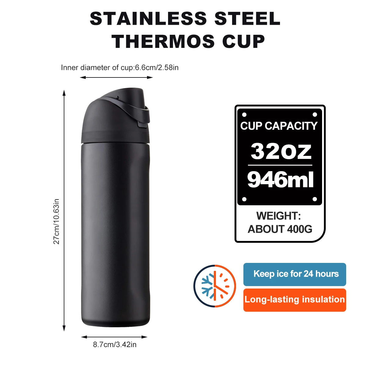 Owalaa black insulated stainless steel water bottle with straw,32oz,suitable for office workers,students,travel - Image 6