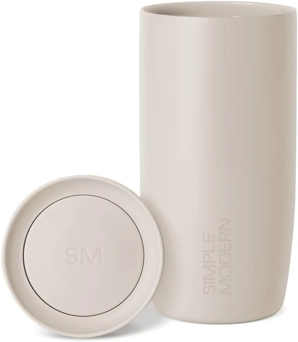 Insulated Travel Coffee Mug with 360° Leak-Proof Lid, Ceramic-Lined Stainless Steel, 16oz Almond Birch Color