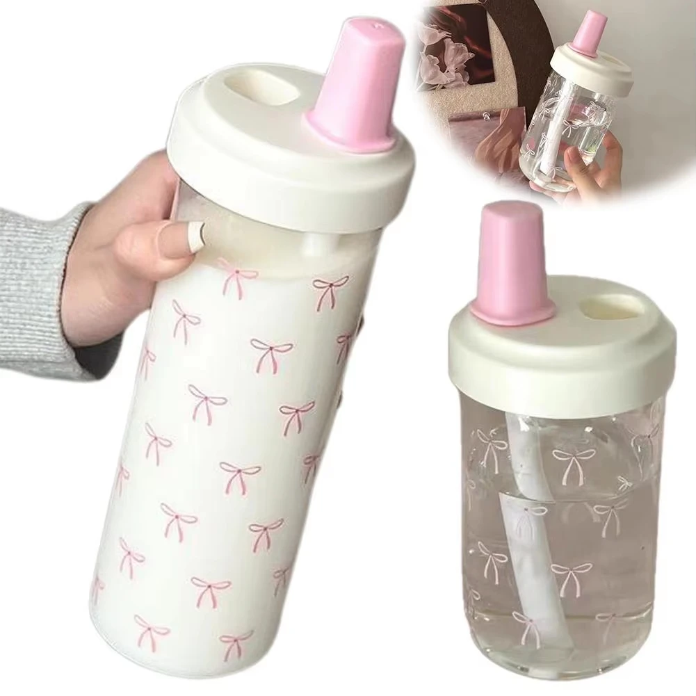 500/700ml Portable Plastic Bowknot Water Cup with Straw,Cute Coffee Pearl Milk Tea Drink Cup,Large Capacity Student Water Bottle