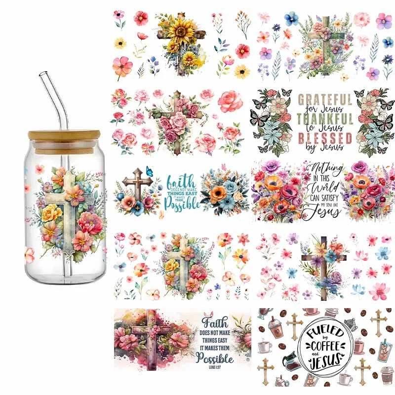 3D UV DTF Christ Faith Jseue DIY Waterproof Transfer Sticker Beautiful Flower Sticker 16oz Glass Mug Cup