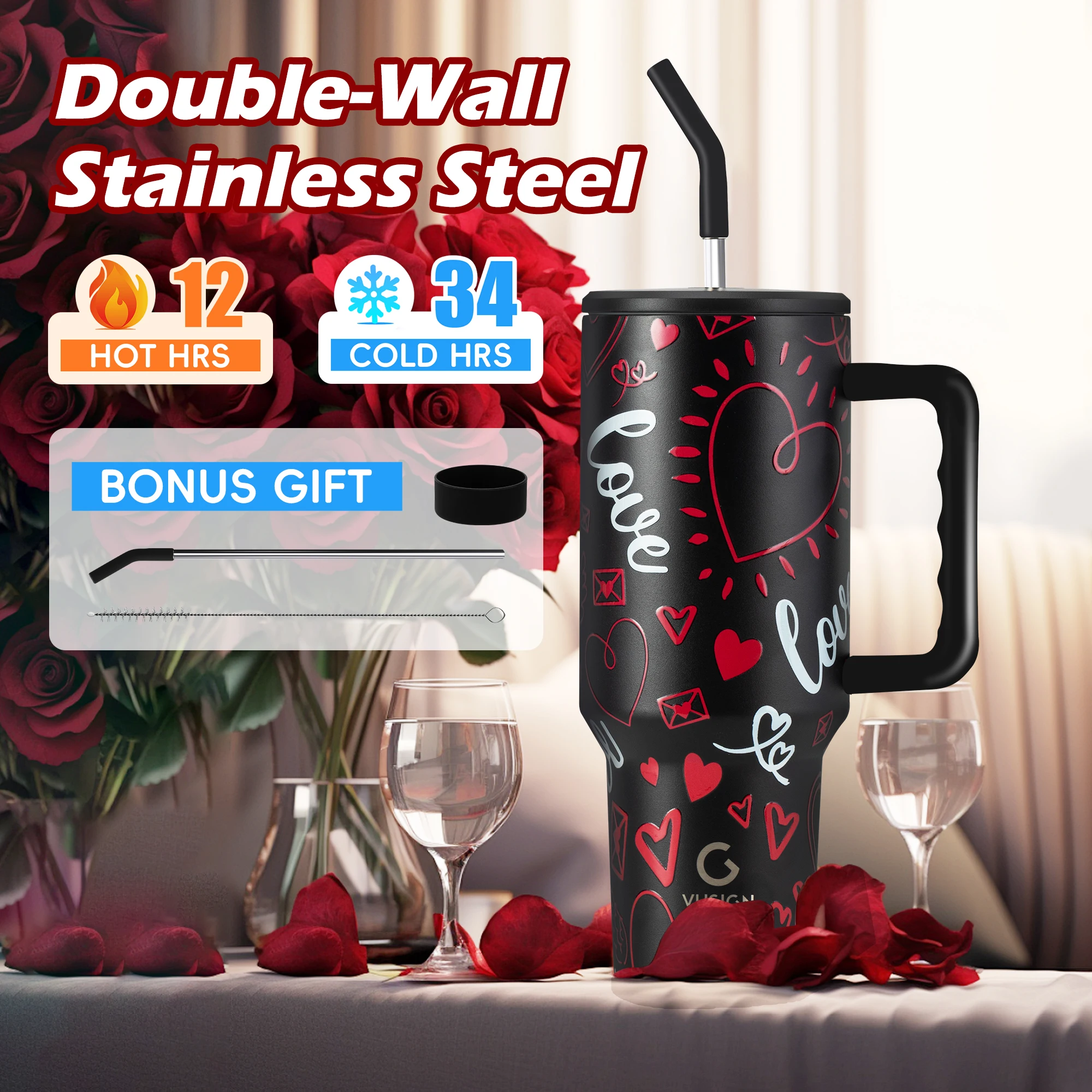 Deli 40oz Tumbler with Handle, Dual Straw Lid, Stainless Steel Double Wall Insulated, Valentine