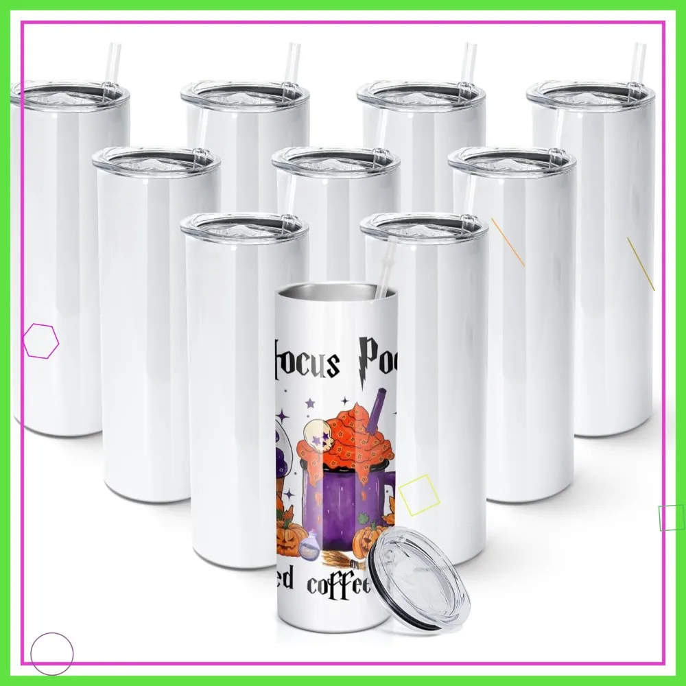 10 Pack Sublimation Tumblers, 20 OZ Straight Skinny with Straw, Stainless Steel Double Layer Insulated Mug, Individually Boxed
