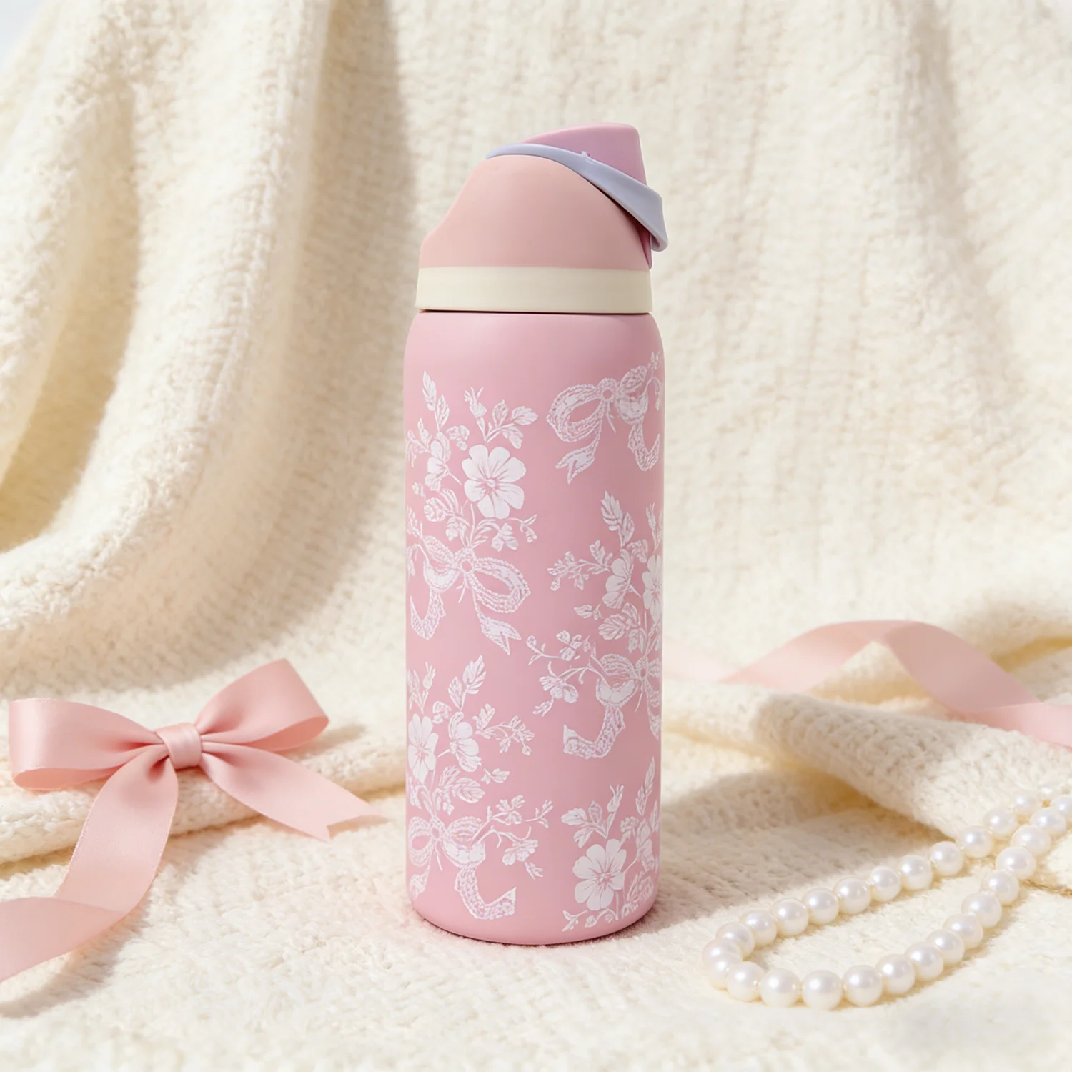 Owalaa Pink Lace Butterfly 32oz/945ml Stainless Steel Water Bottle with Straw Insulated Hot Cold for Leisure Work Sports Gift