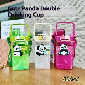 520ml Cute Cartoon Panda Plastic Bottle Double Drink Cup Children's Student Straw Cup Cartoon Large Capacity Water Bottle