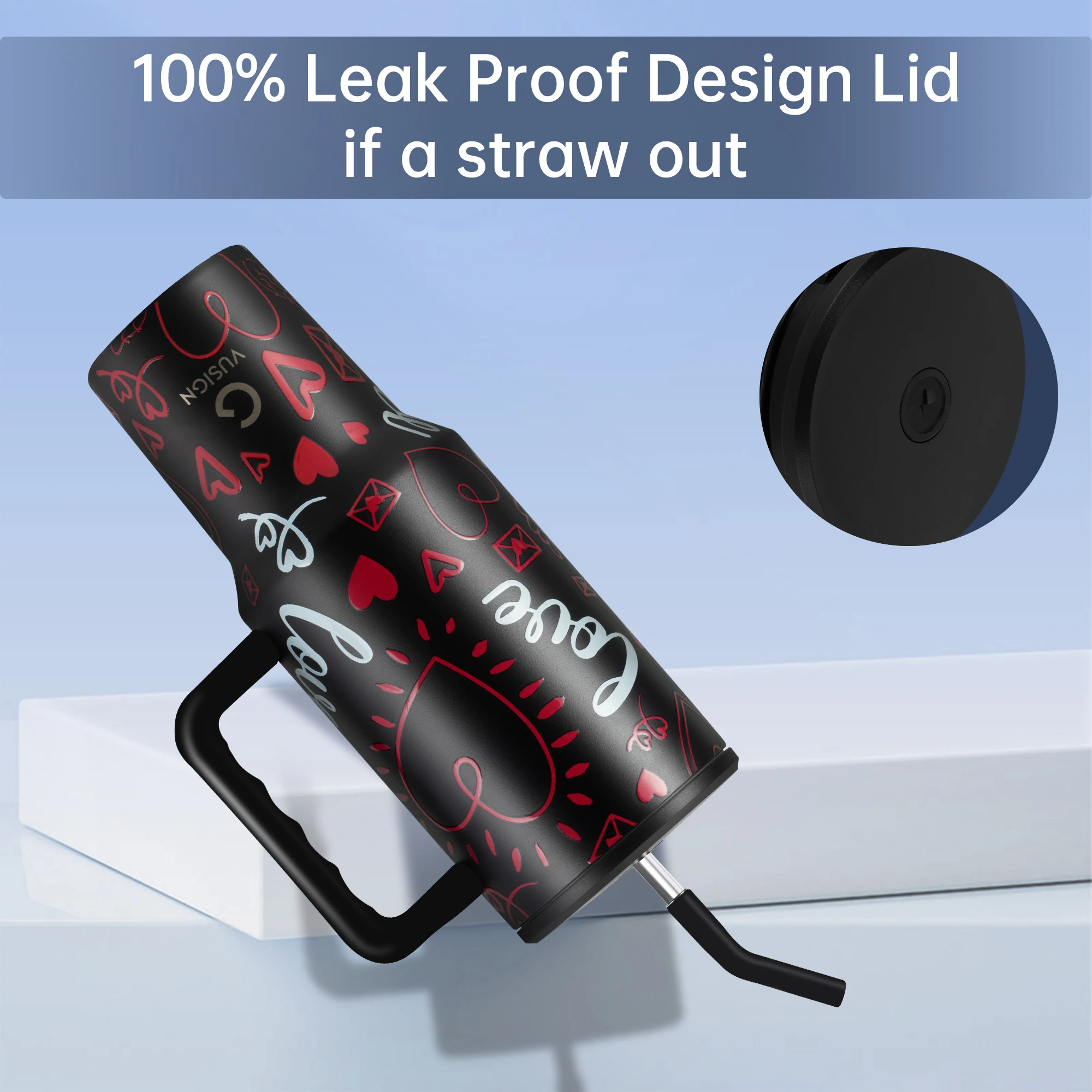 Deli 40oz Tumbler with Handle, Dual Straw Lid, Stainless Steel Double Wall Insulated, Valentine - Image 3