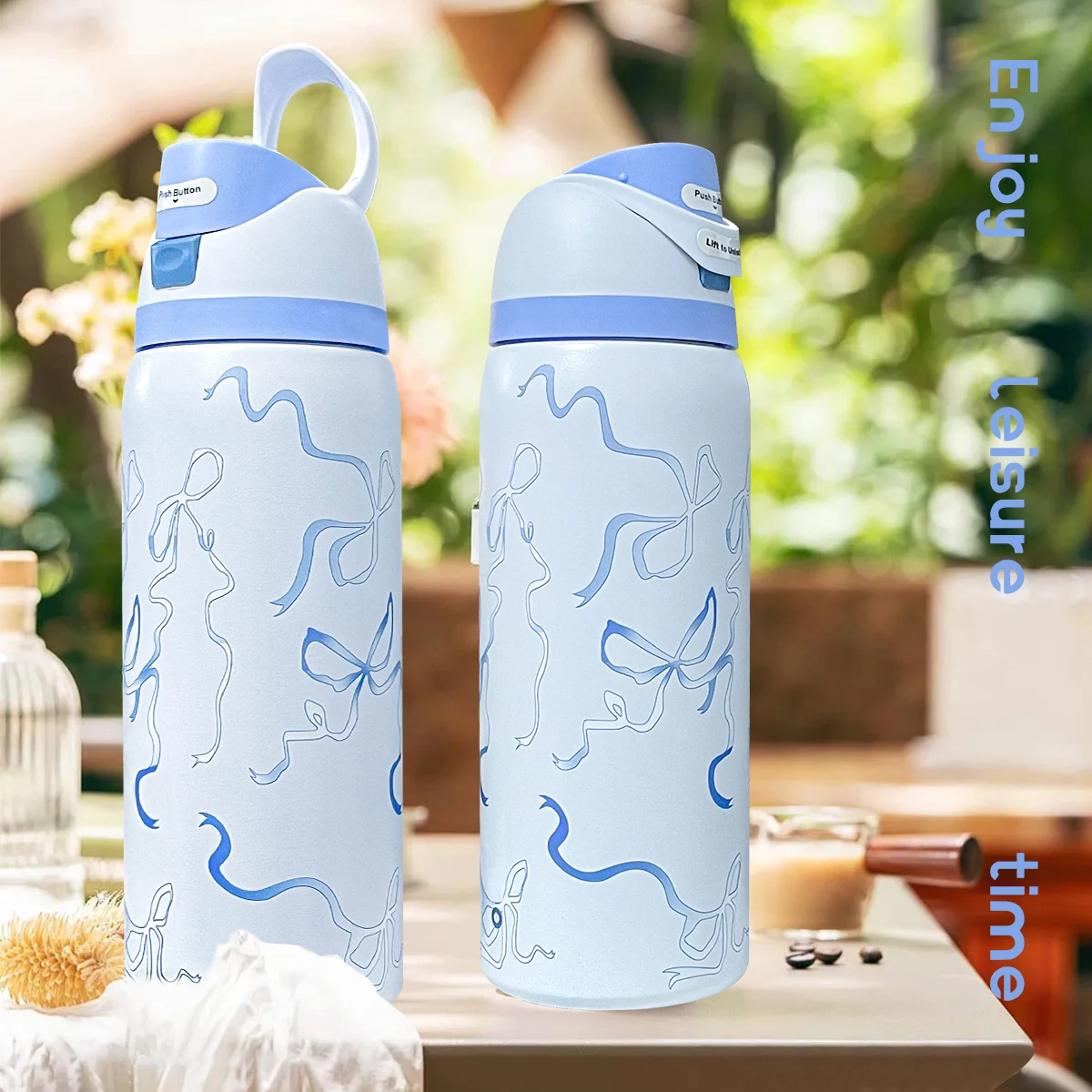Owalaa Blue butterfly Water bottle 32oz,945ML,with straw,heat preservation time more than 24 hours,camping,work,indoor