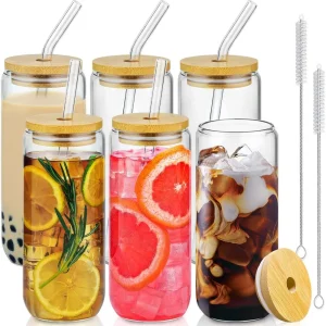 20 Oz Drinking Glasses with Bamboo Lids and Glass Straw - 6 Pcs Glass Cups Beer Ice Coffee Glasses Cute Aesthetic Cup Great