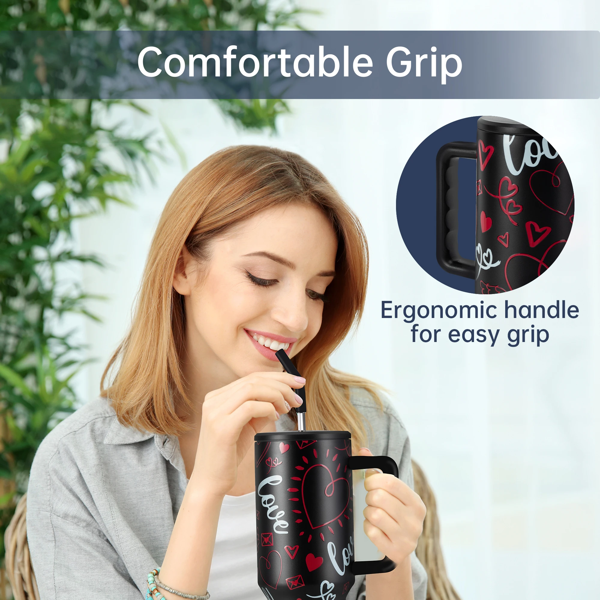 Deli 40oz Tumbler with Handle, Dual Straw Lid, Stainless Steel Double Wall Insulated, Valentine - Image 4