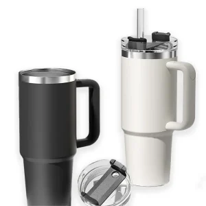 40oz flat bottomed cup with handle and straw lid, stainless steel double-layer to keep drinks hot and cold travel cup