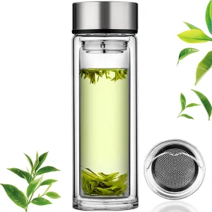 Glass tea infuser bottle tea flood cup 12oz/350 mL,double wall boro silicate portable travel tumbler mug leak proof for loose le