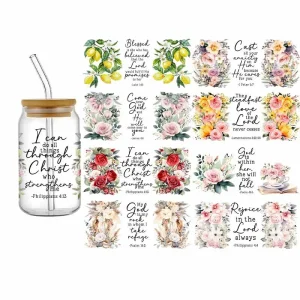 Christ 3D UV DTF Design Flower Bible Verses God Transfer 16oz Libbey Glass Mug Cup High Qaulity Waterproof Sticker Decals