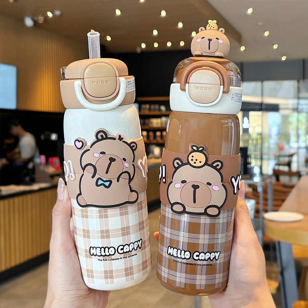 Cute Capybara 520ml Kawaii Sports Water Bottle with Lid & Silicone Straw Water Bottle Cute Girl Milk Bottle For Boys Girls Gifts - Image 2