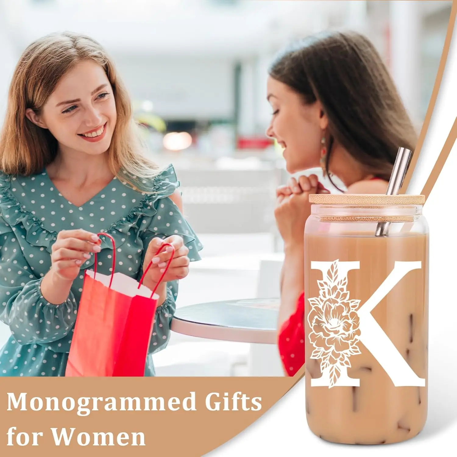 Coolife Initial Glass Cup 16 oz with Lid Straw Set Personalized Monogrammed for Iced Coffee Smoothie Beer Tumbler Gift for Her - Image 3