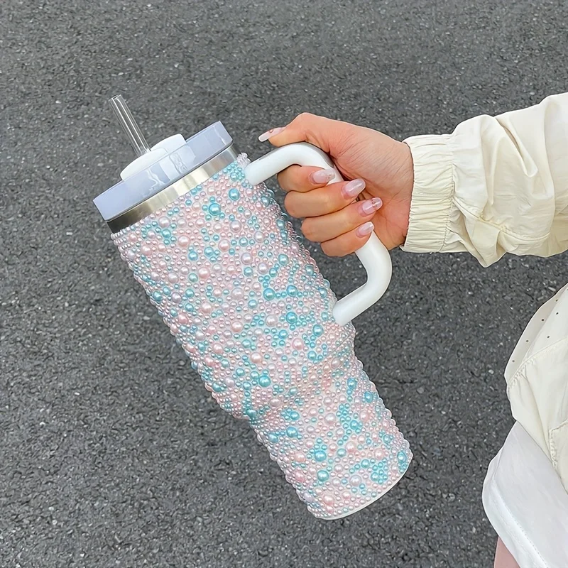 40oz Stainless Steel Vacuum Insulated Tumbler with Pearls & Rhinestones, Wide Handle Car Cup Holder Compatible - Image 3