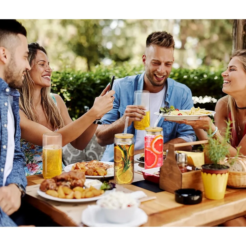 20 Oz Drinking Glasses with Bamboo Lids and Glass Straw - 6 Pcs Glass Cups Beer Ice Coffee Glasses Cute Aesthetic Cup Great - Image 6