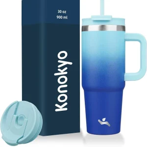 30 oz Insulated Tumbler with Handle, 2 Straws & Spill-Proof Lid - Stainless Steel Travel Mug