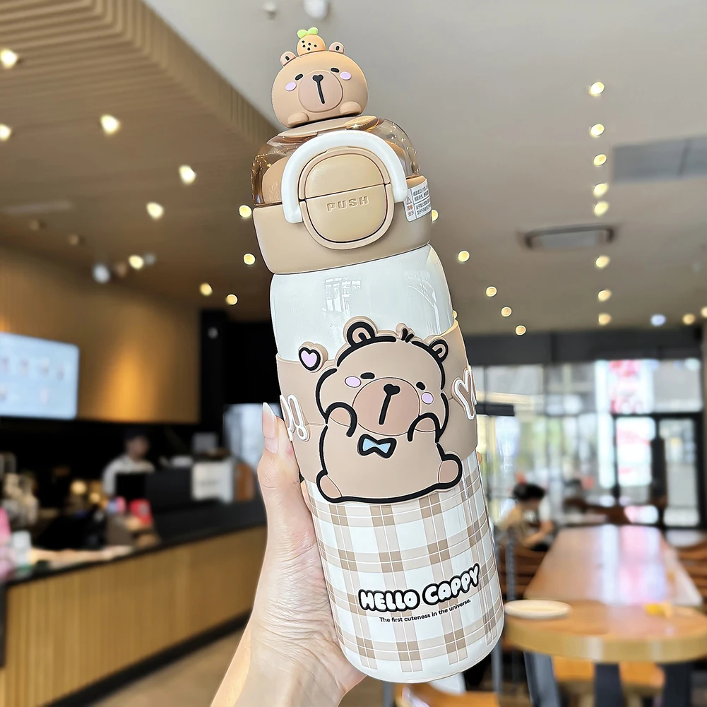 520ml Capybara Anime Kids Mug with Lid & Silicone Straw Kawaii Sports Water Bottle Vacuum Insulated Tumbler for Children - Image 2
