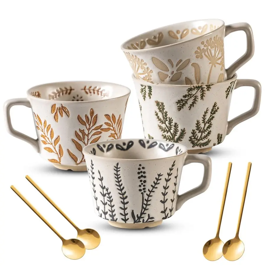 Mugs 11 oz Unique Luxurious Cups Set of 4 with Premium Spoon, Mug for Coffee Milk Latte Cappuccino Tea, for Office Home Dishwash