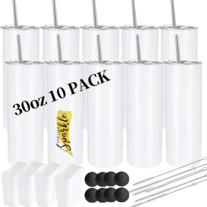 10 Pack Sublimation Tumblers Bulk 30oz - White Stainless Steel Insulated Blanks with Straws and Lids