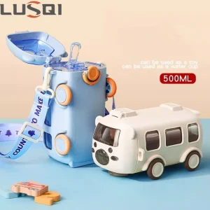 LUSQI Cute Kids Water Bottle With Straw Fun 0.5L Car-Themed Drinkware For Toddlers Leakproof BPA-Free