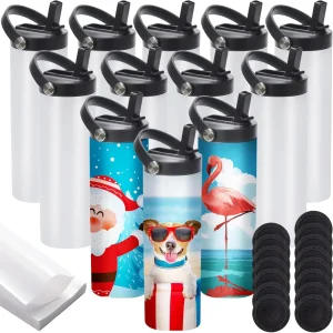 12 Pack Sublimation Tumblers, 20 oz Stainless Steel Insulated Water Bottles with Handle & Straw Lids for Heat Transfer