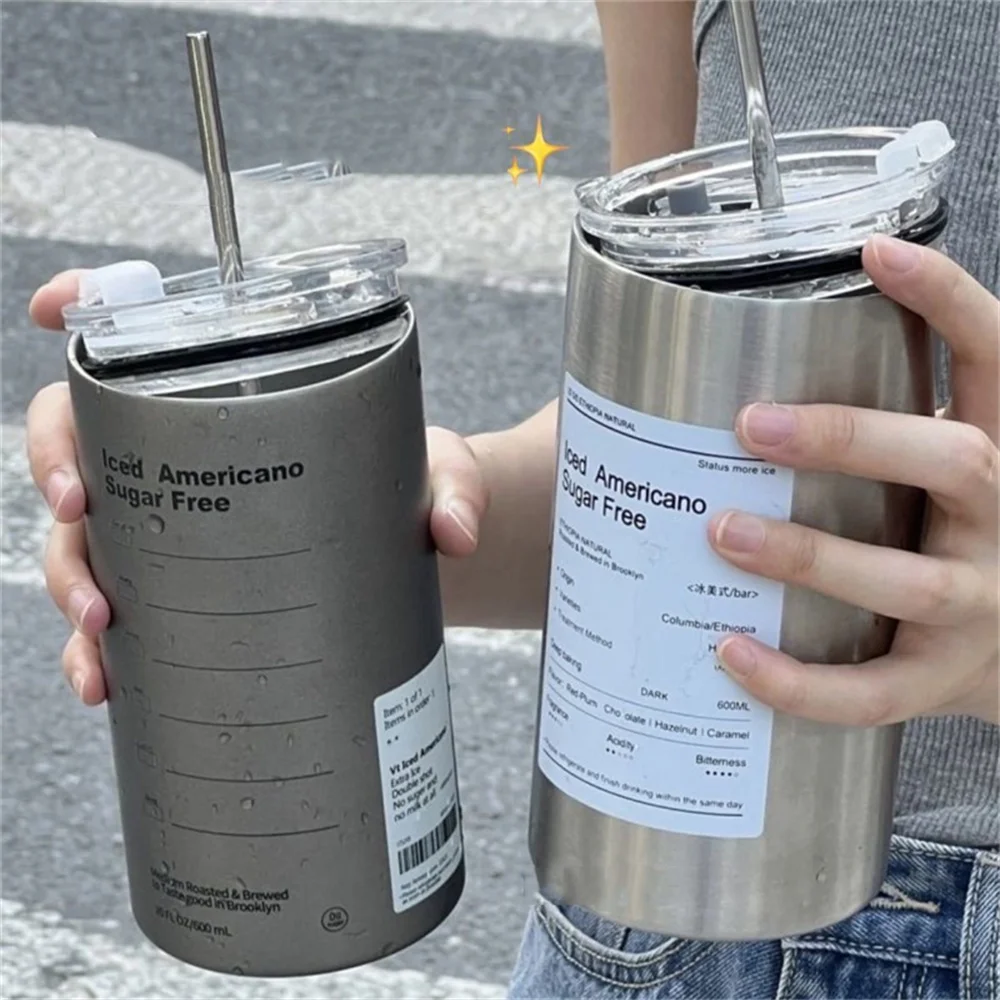 600ml Thermos Portable Stainless Steel Coffee Cup Thermos Bottle with Straw Insulation Drinkware Does Not Contain BPA