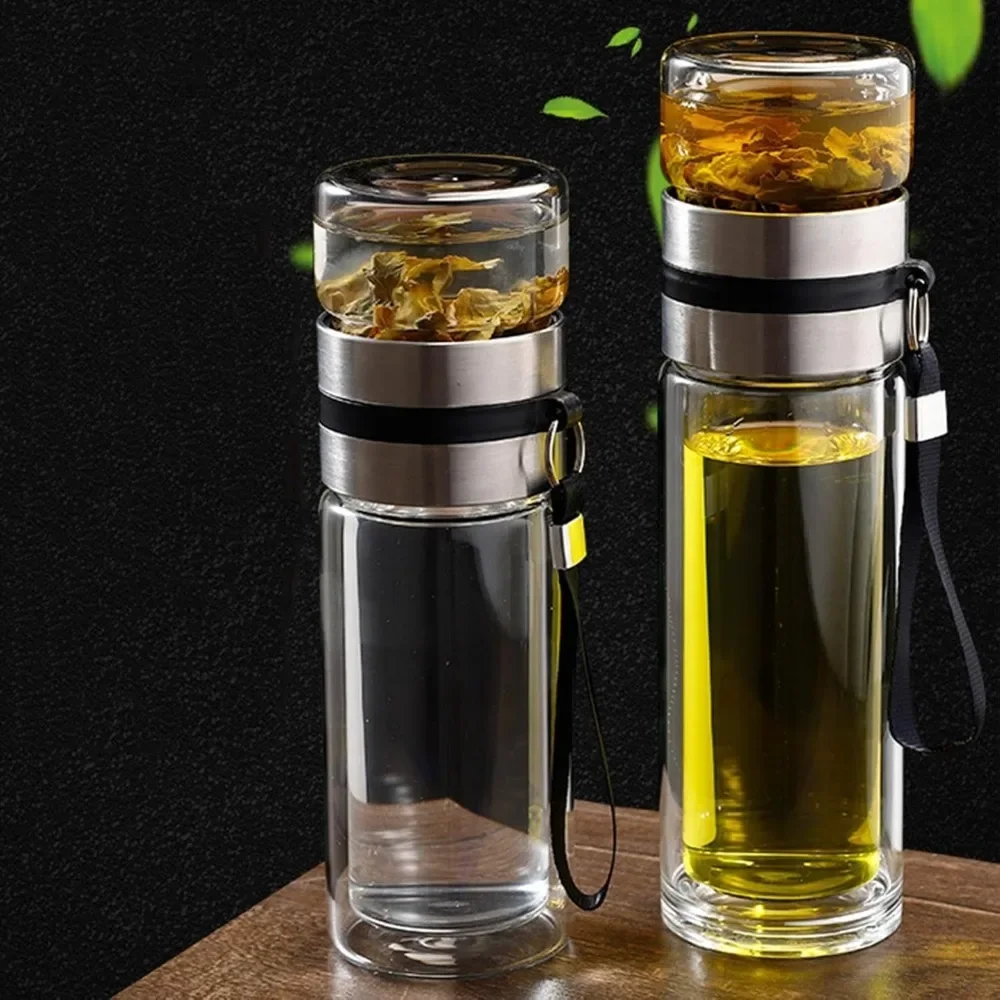 350/500ML Glass Tea Brewing Double-layer Separation Tea Water Cup with Portable Handle Leak proof Travel Cup Does Not ContainBPA
