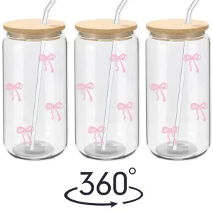 500ml Pink Bow Cute Glass Cups with Lids and Straw Tumbler Glass Cup for Iced Milk Coffee Smoothie Cocktail Matcha Juice Cup