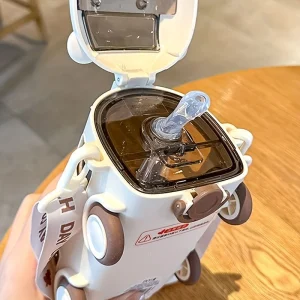 Kids Bear‑Shaped Water Bottle 500ml – Leak‑Proof Straw Cup with Shoulder Strap, Cute Bus Design