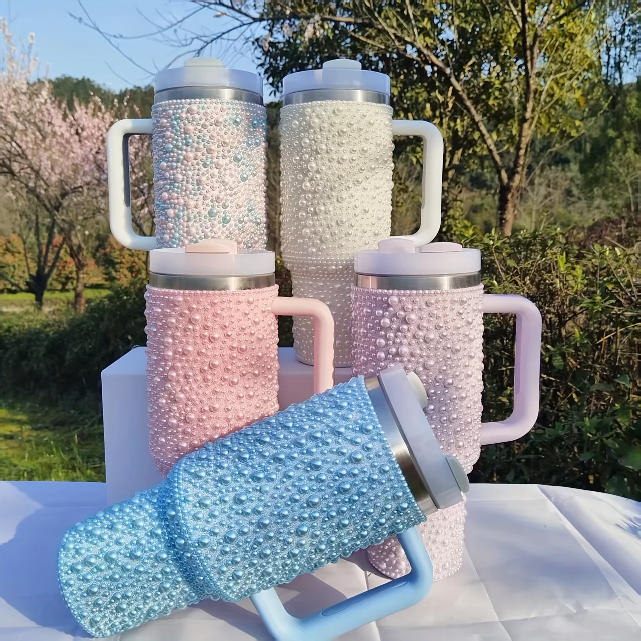 40oz Stainless Steel Vacuum Insulated Tumbler with Pearls & Rhinestones, Wide Handle Car Cup Holder Compatible - Image 6