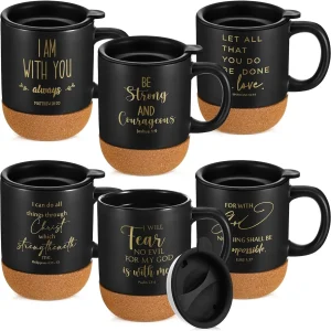 6-Pack Christian Coffee Mugs with Bible Verses, Cork Bottom, 15 oz - Ideal Gifts for Church, Pastors, and Religious Occasions