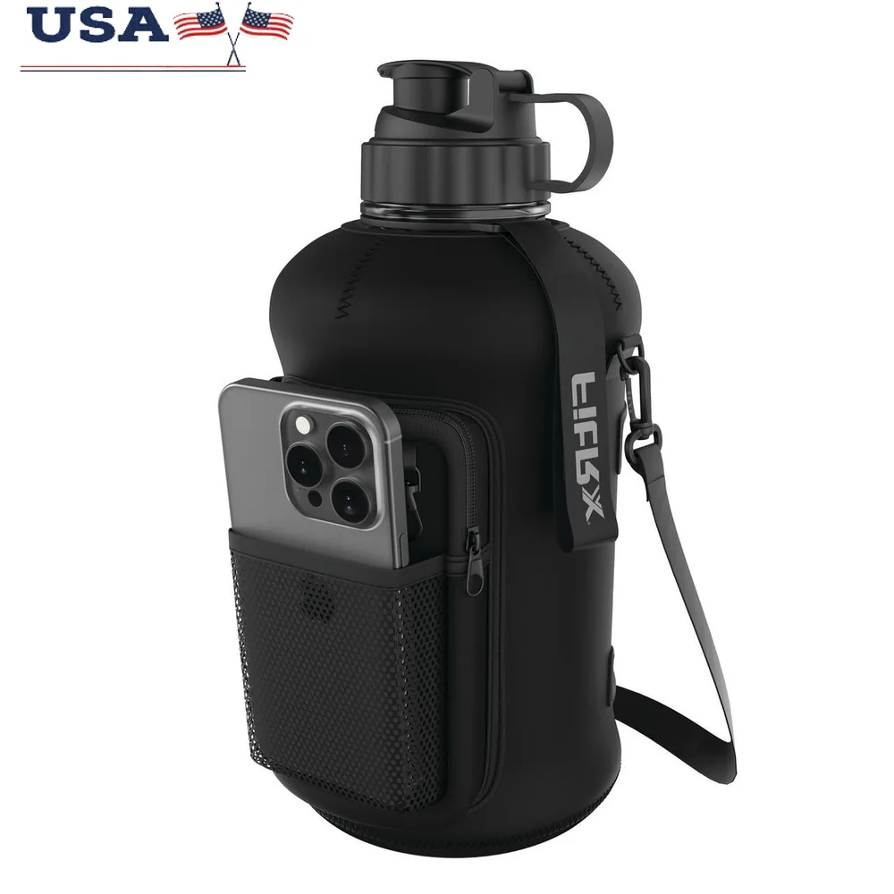 Half Gallon Water Bottle with Neoprene Sleeve Storage Pocket Carry Strap BPA Free 68oz Portable Hydration Jug Adults