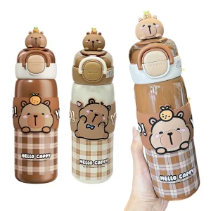 Cute Capybara 520ml Kawaii Sports Water Bottle with Lid & Silicone Straw Water Bottle Cute Girl Milk Bottle For Boys Girls Gifts